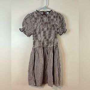 Rihoas Brown & White Gingham Puff Sleeve Smocked Midi Dress